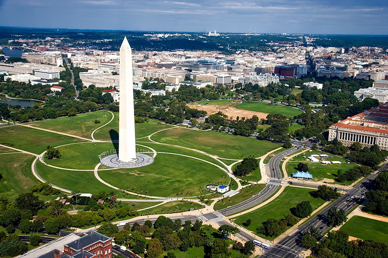 Aerial view of Washington DC, lots of green space