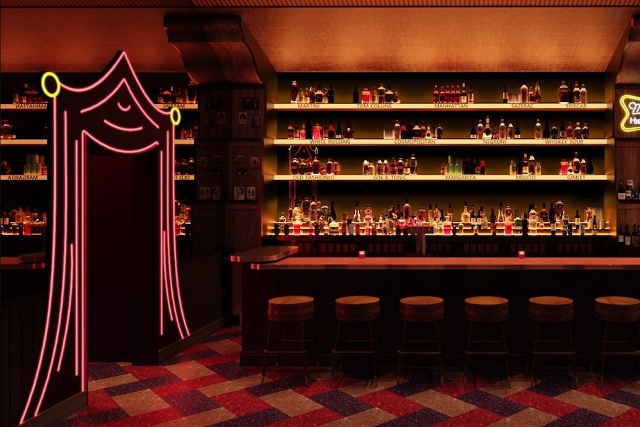 A dimly lit, retro-style bar with a backlit liquor display, a row of wooden stools and a neon pink curtain-shaped entrance on the left.