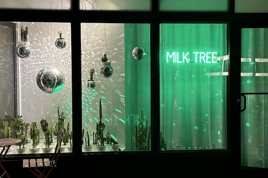 A window with an art exhibit lit up in green. 